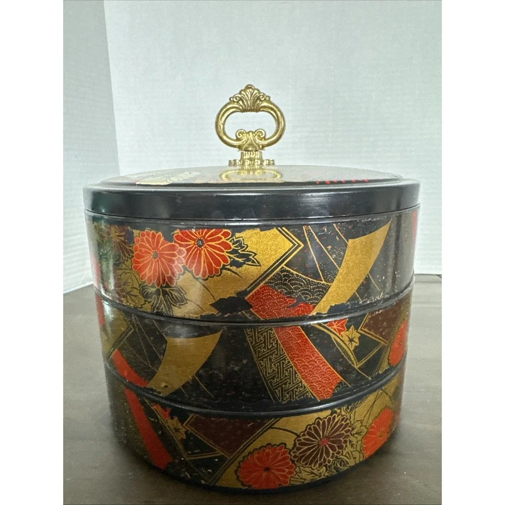 VTG Japanese Porcelain Bento Lunch Box Stacking 3 Tier Jubako Bowls Brass Lid